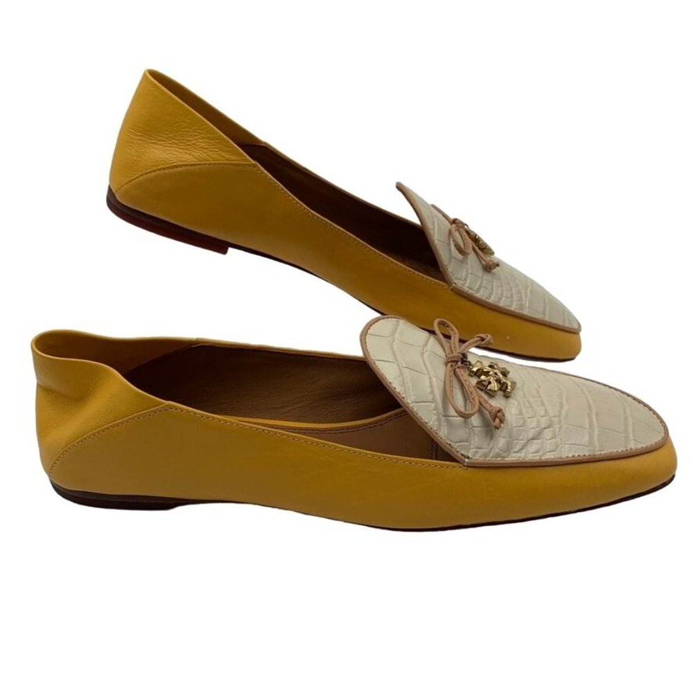 Tory Burch Charm Two Tone Flat Loafer Size 8M Color Mustard/White